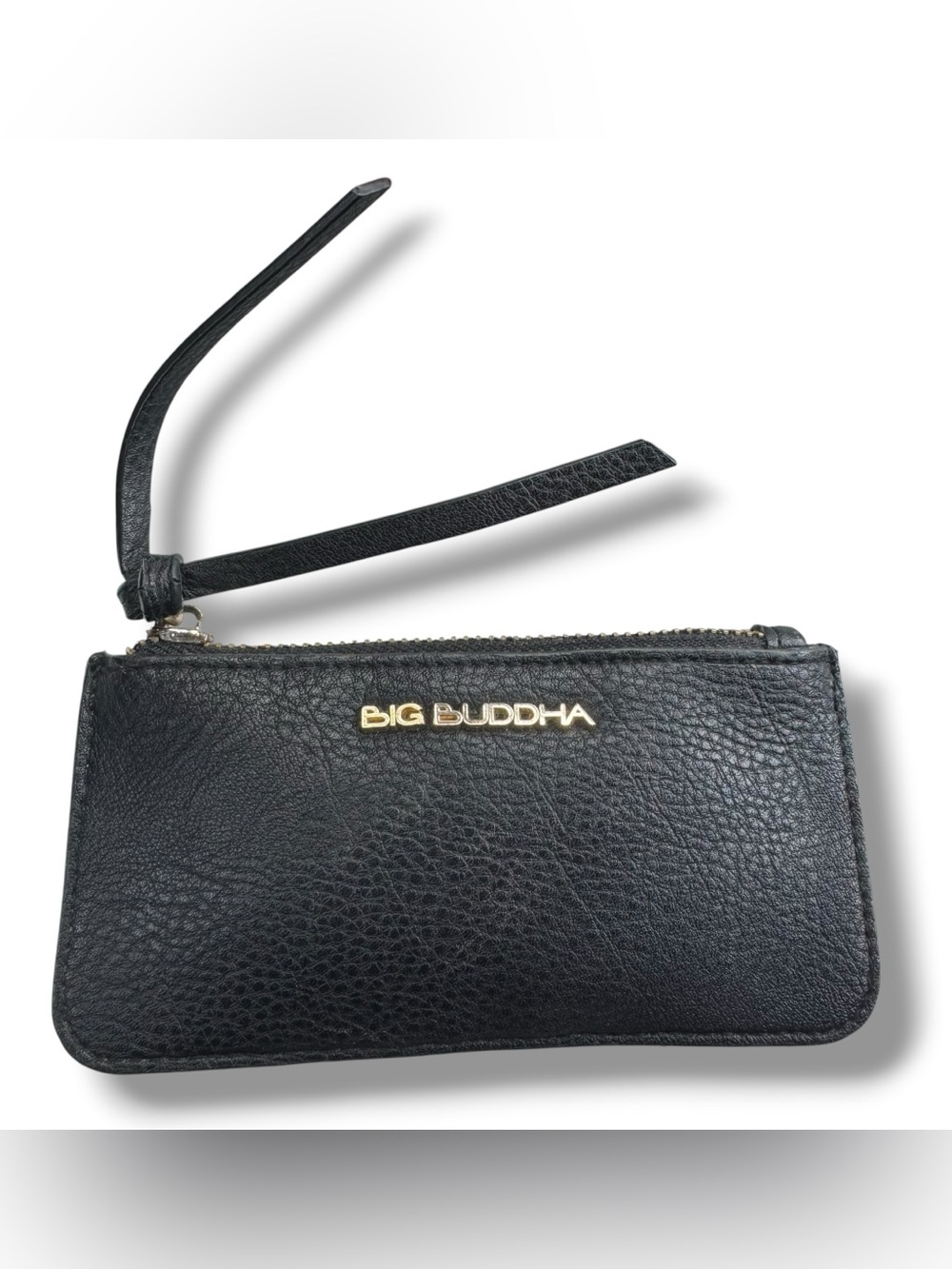 Big Buddha Black Leather Zip Wristlet Card & Coin Wallet Plaid Lining